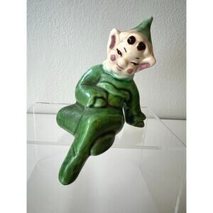 Vintage Green Pixie Elf Shelf Sitter Ceramic Figurine Knee Hugger